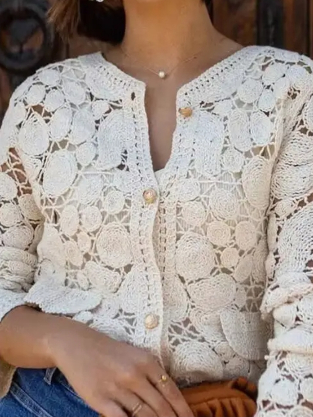 POL White Crochet Openwork Button Cardigan Women's medium Sweater Top Sparkle 3